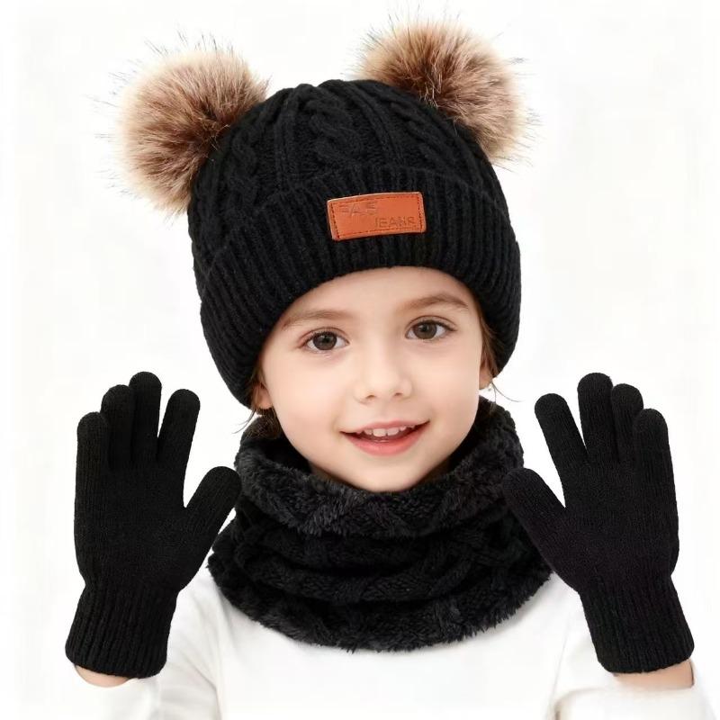 Plucked European and American Children's Hats, Scarves, Gloves, Three Piece Set, Autumn and Winter New Warm Baby Hat