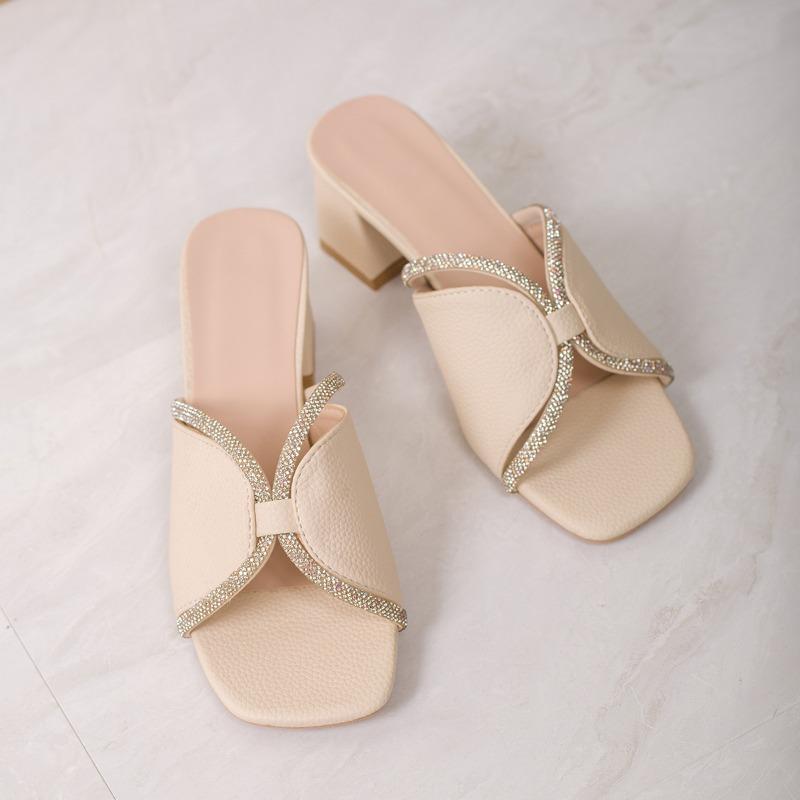 Rhinestone Square Toe Mid-heel Slippers Women's 2025 Summer New Plus-size Block-heeled Sandals