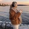 Women's Lapel Long Sleeve Loose Fit Regular Length Fleece Lined Suede Jacket Casual Outerwear