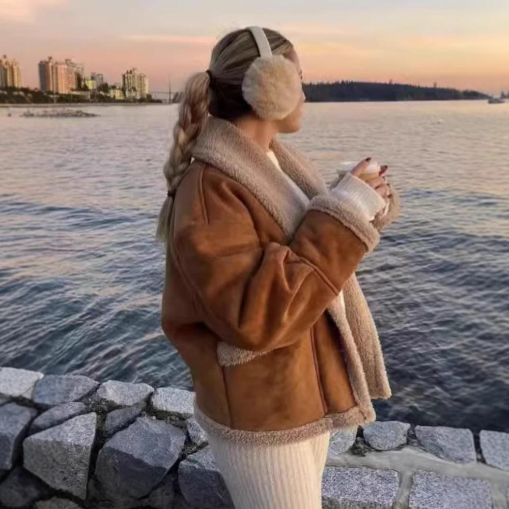 Women's Lapel Long Sleeve Loose Fit Regular Length Fleece Lined Suede Jacket Casual Outerwear
