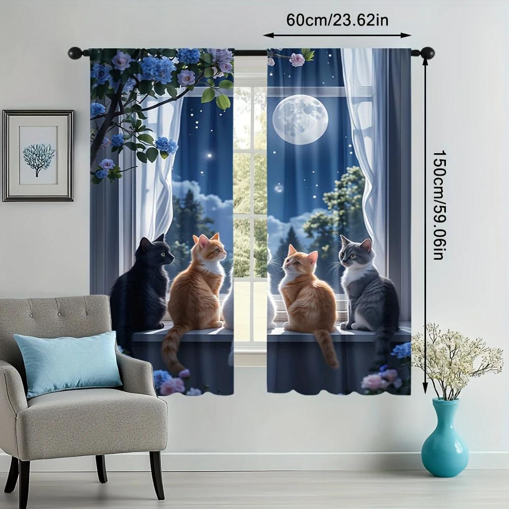 Flat Printed Dreamy Cat Printed Curtains, Pole Bag Curtains, Bedroom and Living Room, Home Decoration, Room Decoration