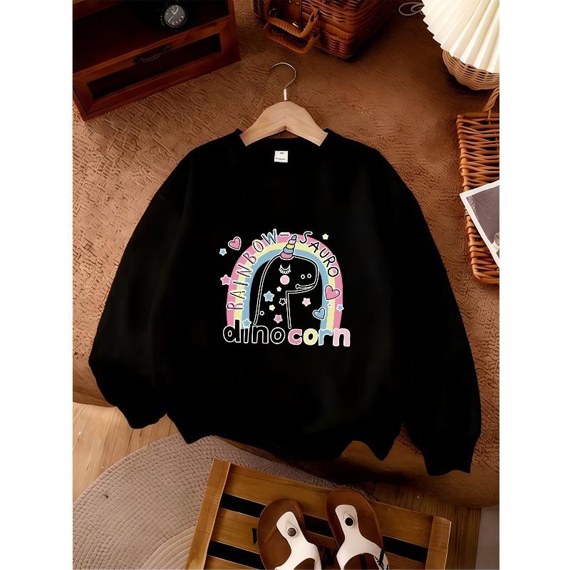 Girl's Round Neck Fashion Sweatshirt for Kids, Featuring a White Cartoon Dinosaur with Rainbow Spiral Horns, Eyes Closed and Smiling