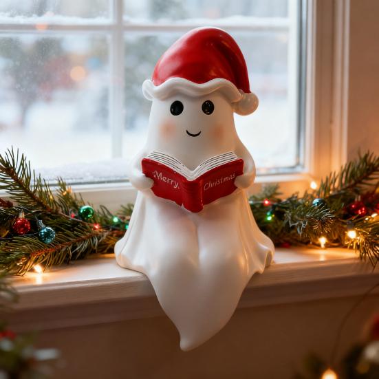 Cute Ghost Reading Book Lamp Christmas Bedroom Light with Red Hat Lightweight Halloween Home Decoration