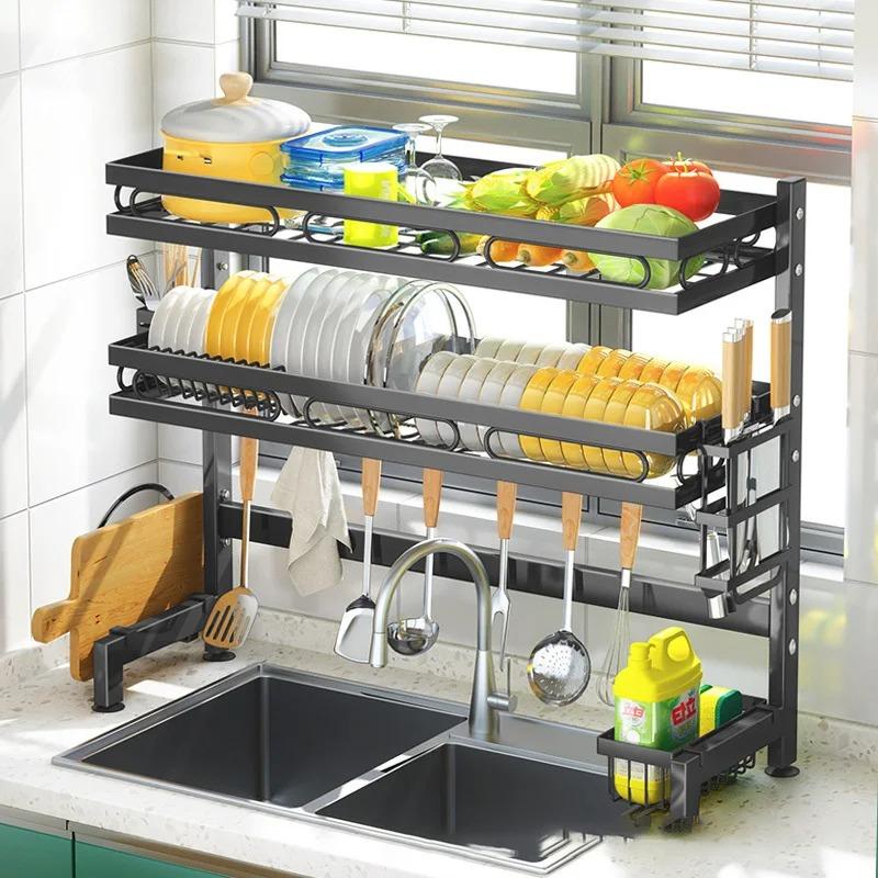 Kitchen Storage Shelf Above The Sink Bowl Draining Rack Multifunctional Dish Knife Rag Spoons Sink Rack Set  Organizer Kitchen