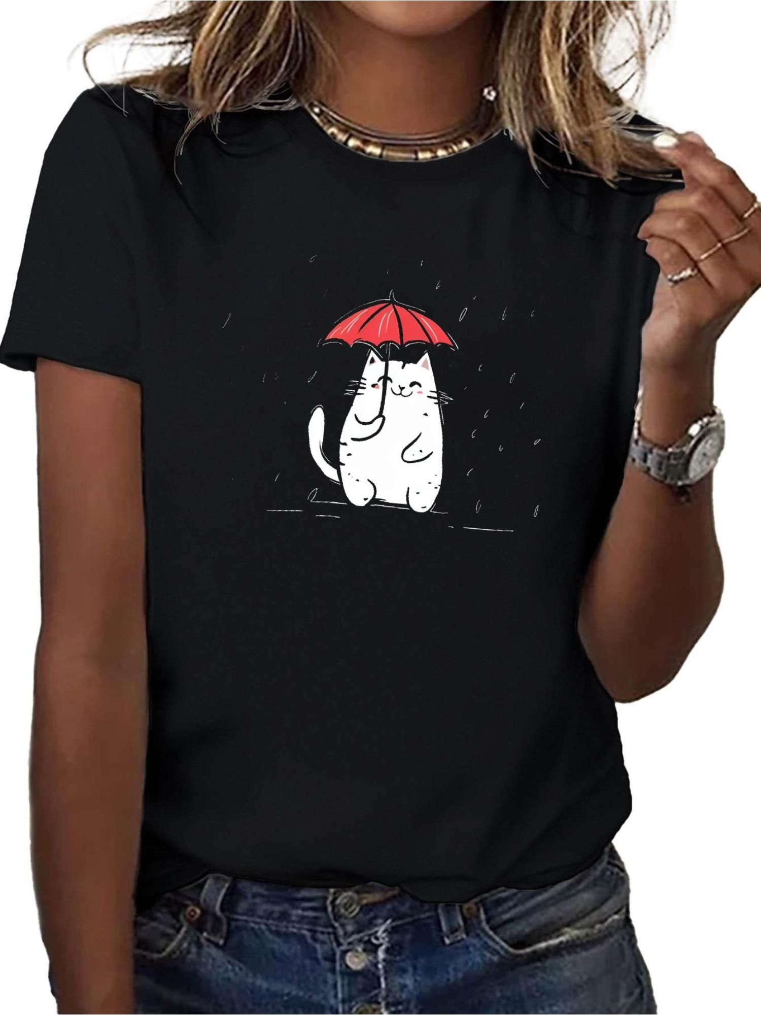 

Женская мягкая футболка с милым графическим принтом кошки и зонтика Удобный повседневный крой Черная с белым дизайном Минималистичный стиль 4XL