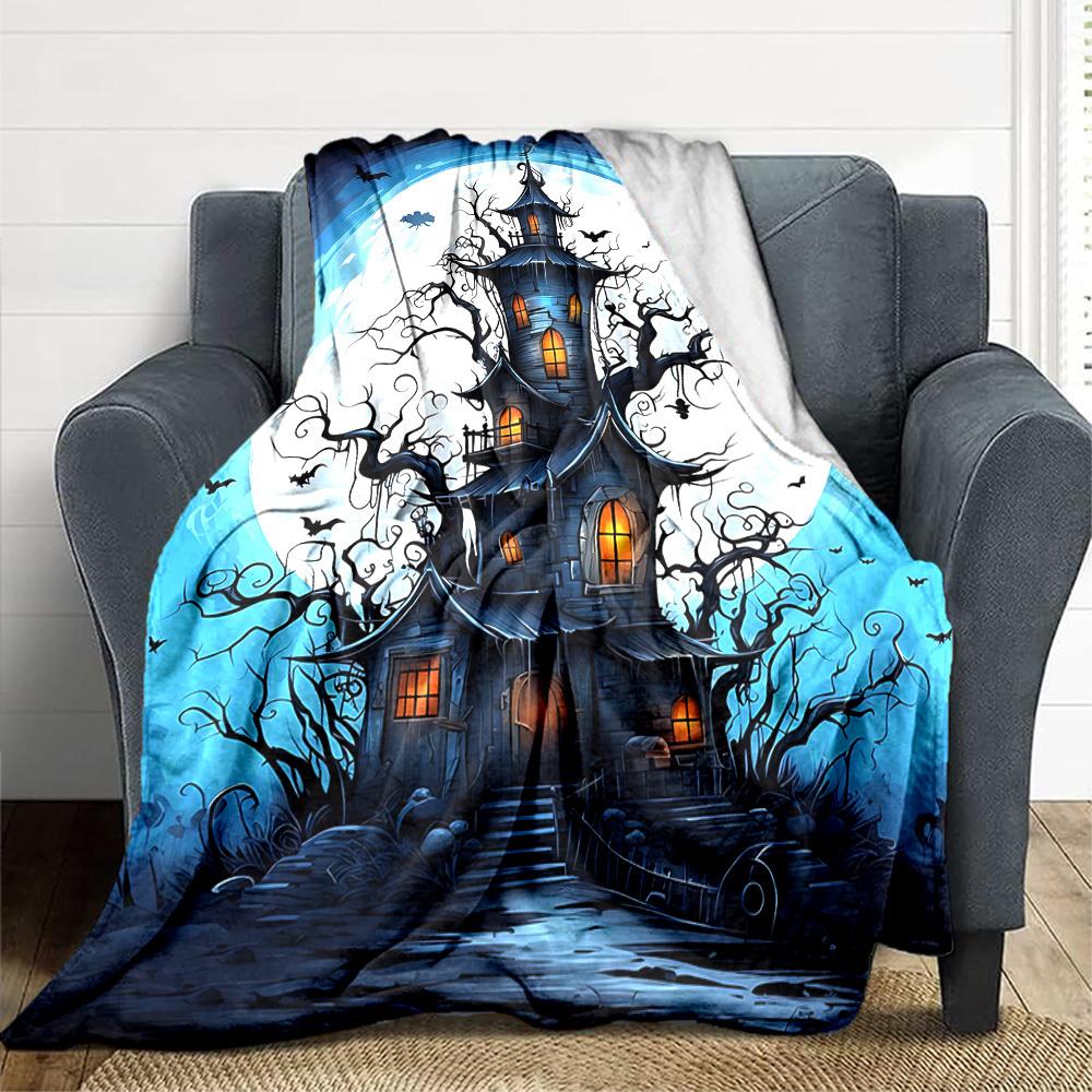 1pc Halloween Haunted House Moonlit Night Blanket, Lightweight Flannel Throw Blanket For Sofa, Bed, Travel151