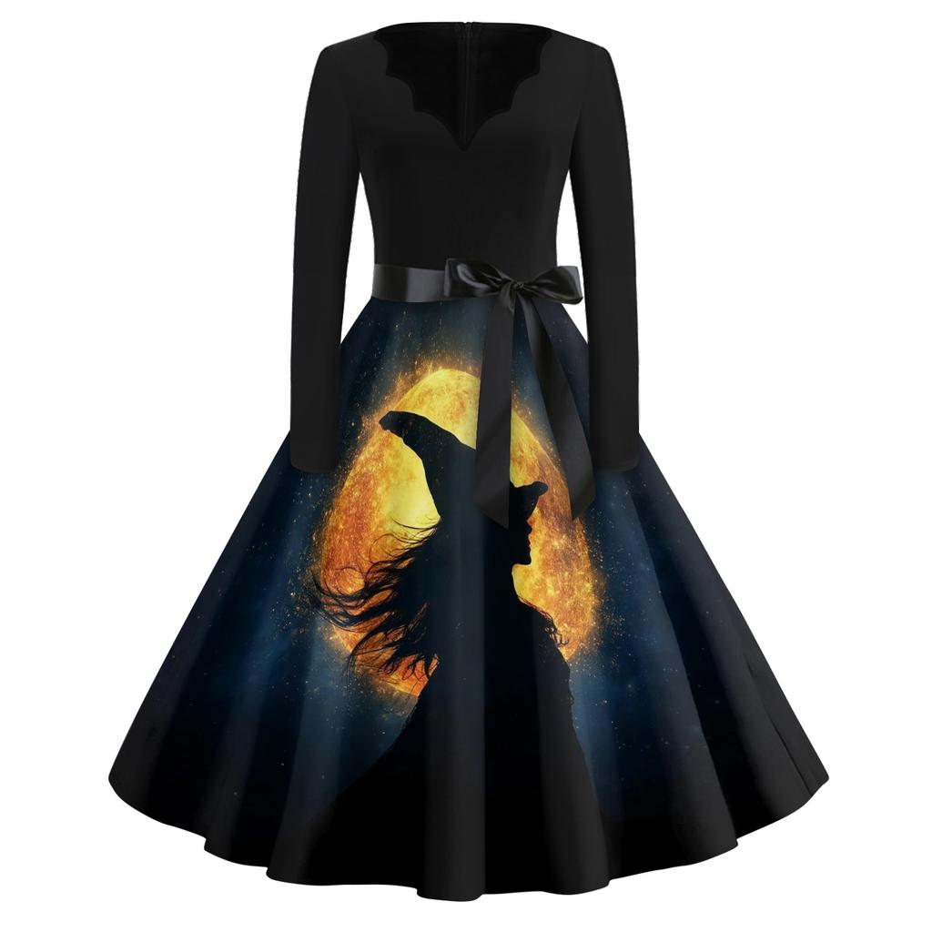 Women's Vintage Halloween Print V-Neck Dress, Casual Party Outfit for Celebrations