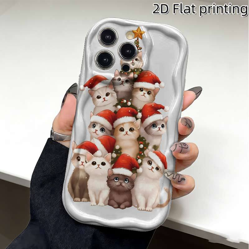 Cute Christmas Cat Tree Phone Case for iPhone 17 16 15 14 13 12 11 Pro Max, Wavy Cream White Soft TPU Protective Cover