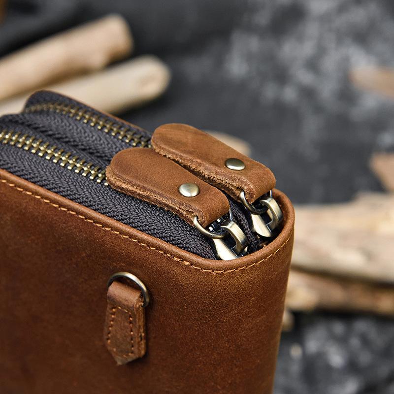Men'S Crazy Horse Leather Long Wallet Genuine Leather Double Zipper Wallet Double Layer Wallet Men'S Crazy Horse Leather Clutch 1009