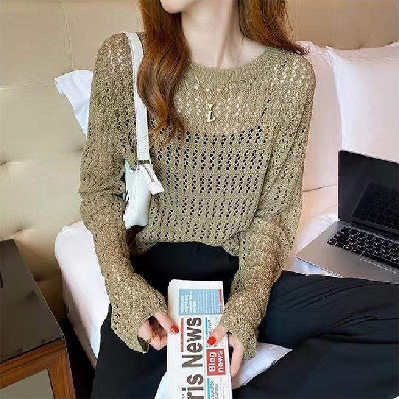 women hollow out knit sweater round neck long sleeve casual loose fit lightweight top