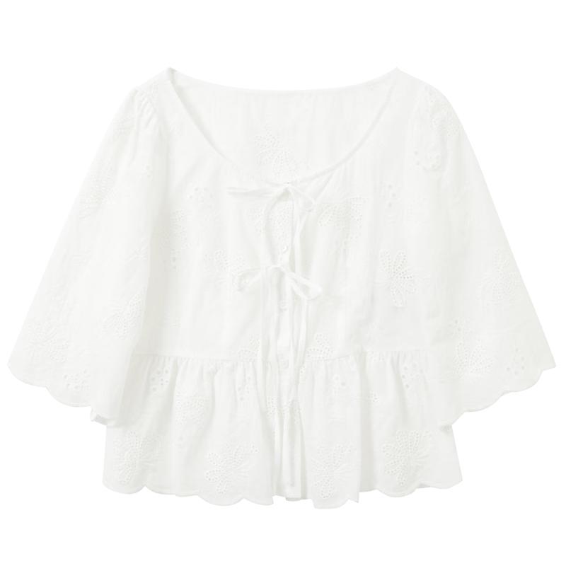 Embroidered Square Collar Babydoll Blouse M