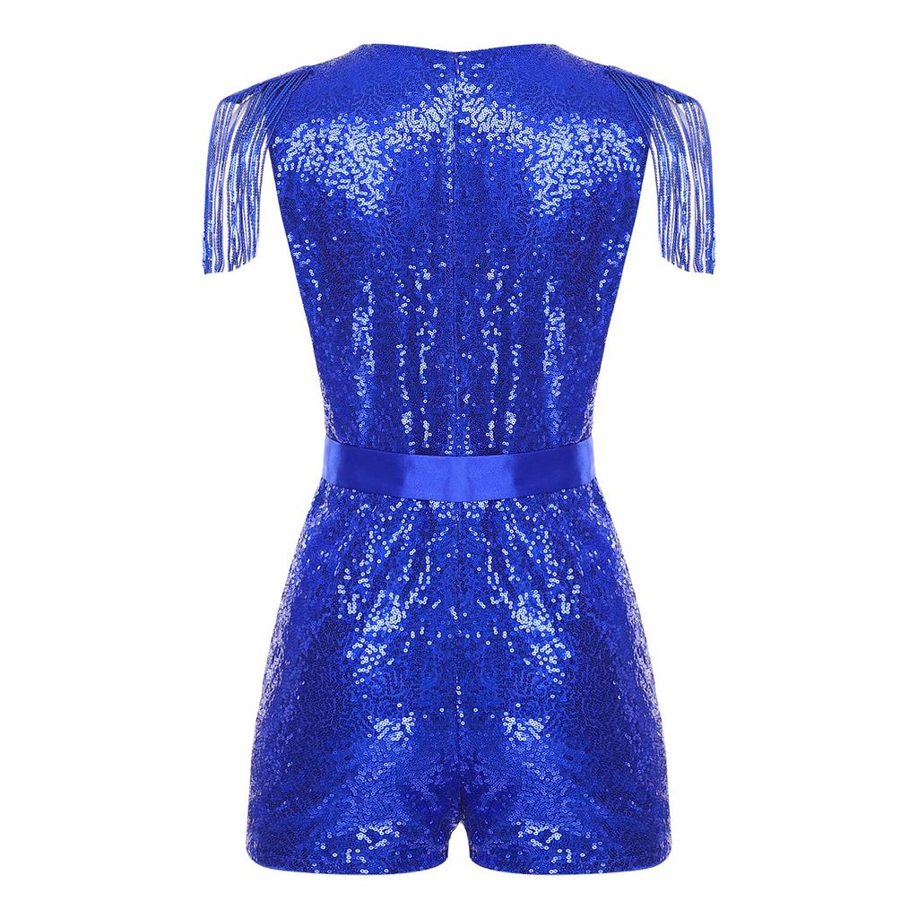 S-3XL Women's Sparkly Sequined Jumpsuit: V-Neck Sleeveless Tassels Thigh Length with Adjustable Belt for Pageant Banquet Wedding Party