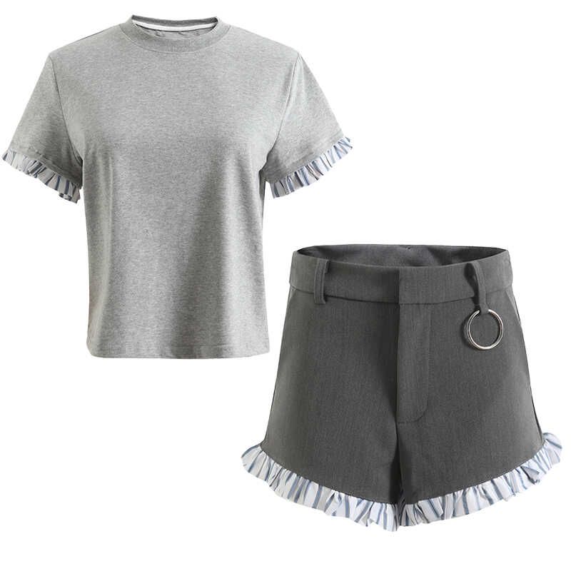 Chic Niche Design Loose Shoulder Short Sleeve T-shirt Contrast Color Stripes Lace Shorts Casual All-Match Suit