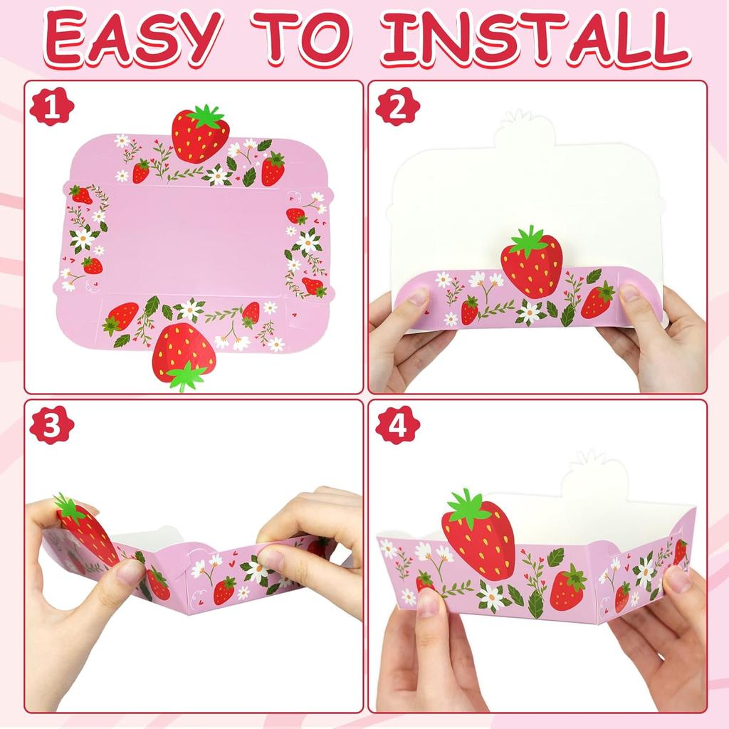 24Pcs Strawberry Paper Food Trays Cute Strawberry Snack Bowl Disposable Berry Dessert Boats for Strawberry Birthday Party Decoration Supplies