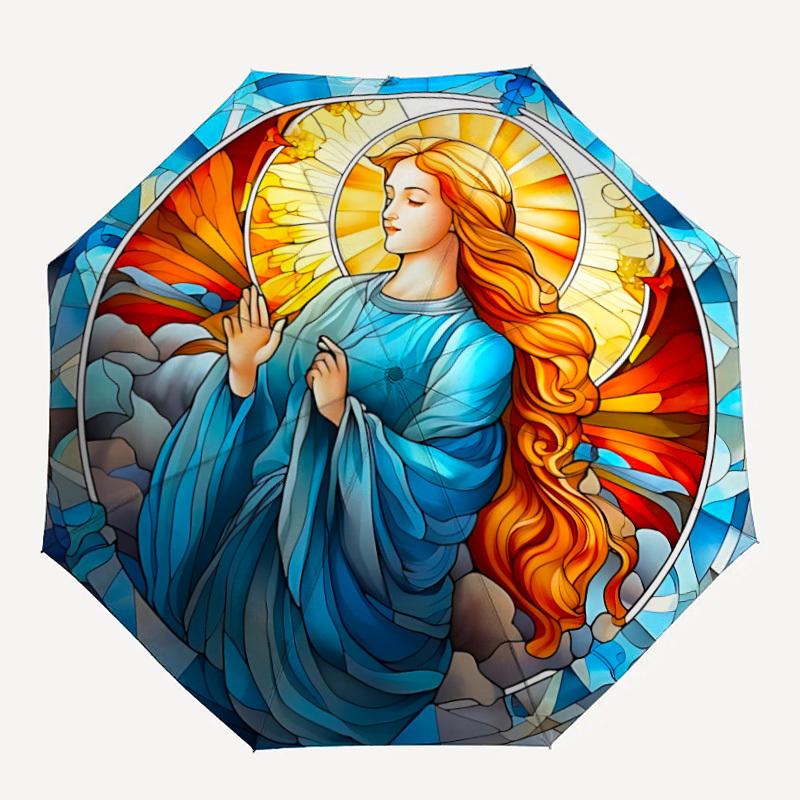 

1pc Stained Glass Angel Automatic Folding Umbrella, Lightweight Retractable Compact Travel Umbrella, 8-Rib Sturdy Frame140