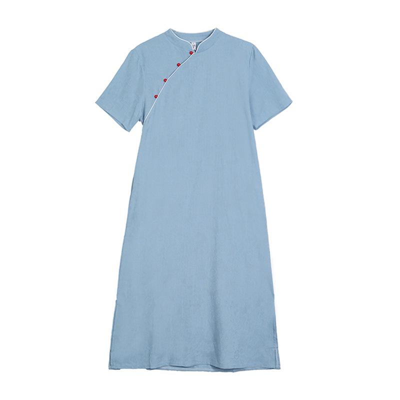 2025 Summer New Solid Color Temperament Cotton and Linen Dress Women's Diagonal Open Placket Stand-up Collar Short-sleeved Cheongsam Skirt