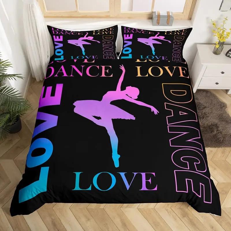 Girls Ballet Bedding SetDancing Ballerina Duvet Cover Blue Purple Gradient Comforter Cover Ballerina Silhouette Quilt Cover