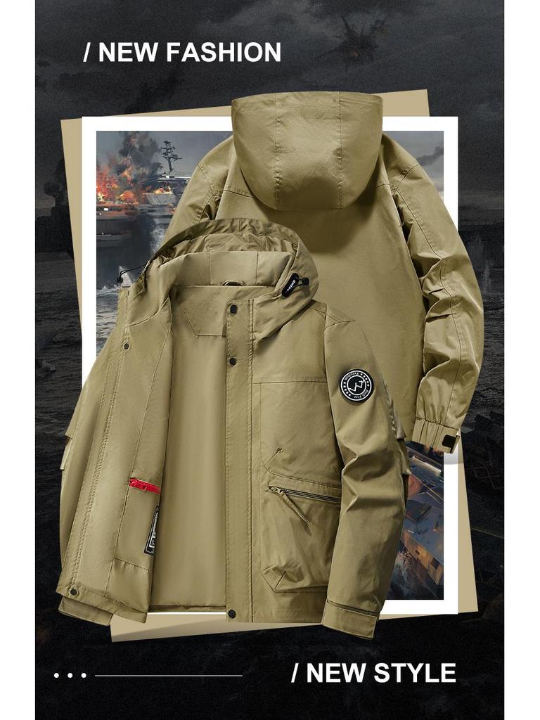 Winddichte Kapuzenjacke mit Fleecefutter, Arbeitsmantel mit mehreren Taschen, Lässiger lockerer Schnitt für Frühling und Herbst, Ideal zum Angeln und Fotografieren.