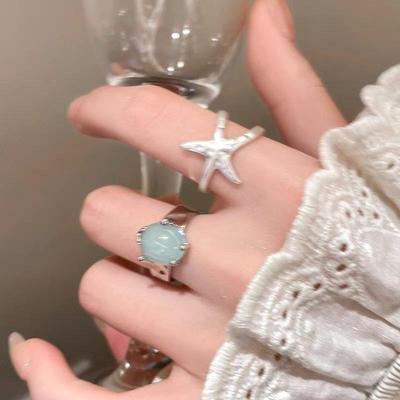 2pcs/set Sweet Starfish Blue Zircon Open Rings For Women Girls Ocean Style Simple Star Finger Ring Aesthetic Jewelry Y2K