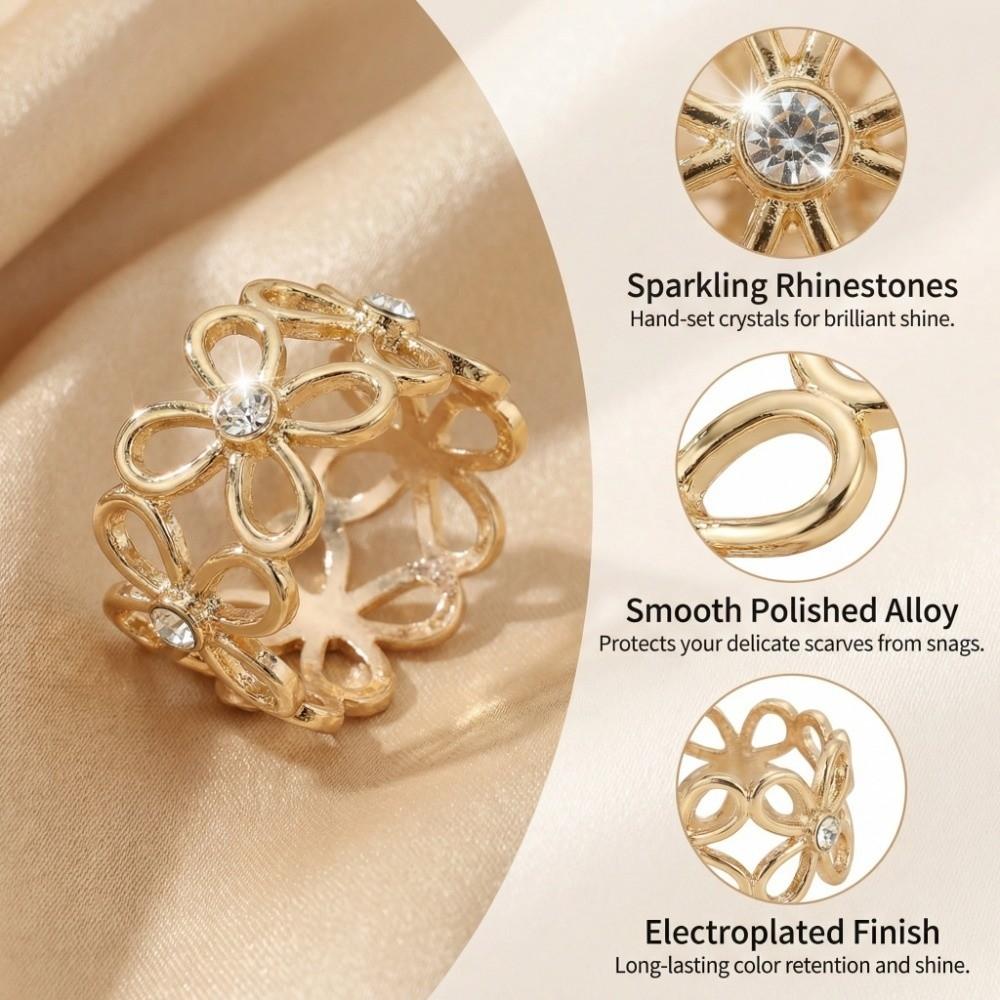 Gift Crystal Shawl Rings Clip Hollow Out Flower Design Scarf Buckle Alloy Material Adjustable Hijab Clip Versatile Application
