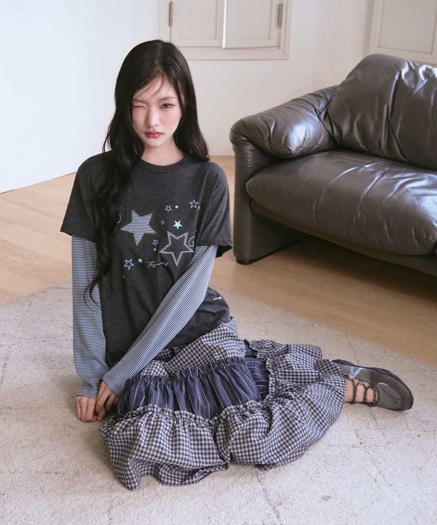 The Green Lab Vintage Tiered Check Skirt [Navy]