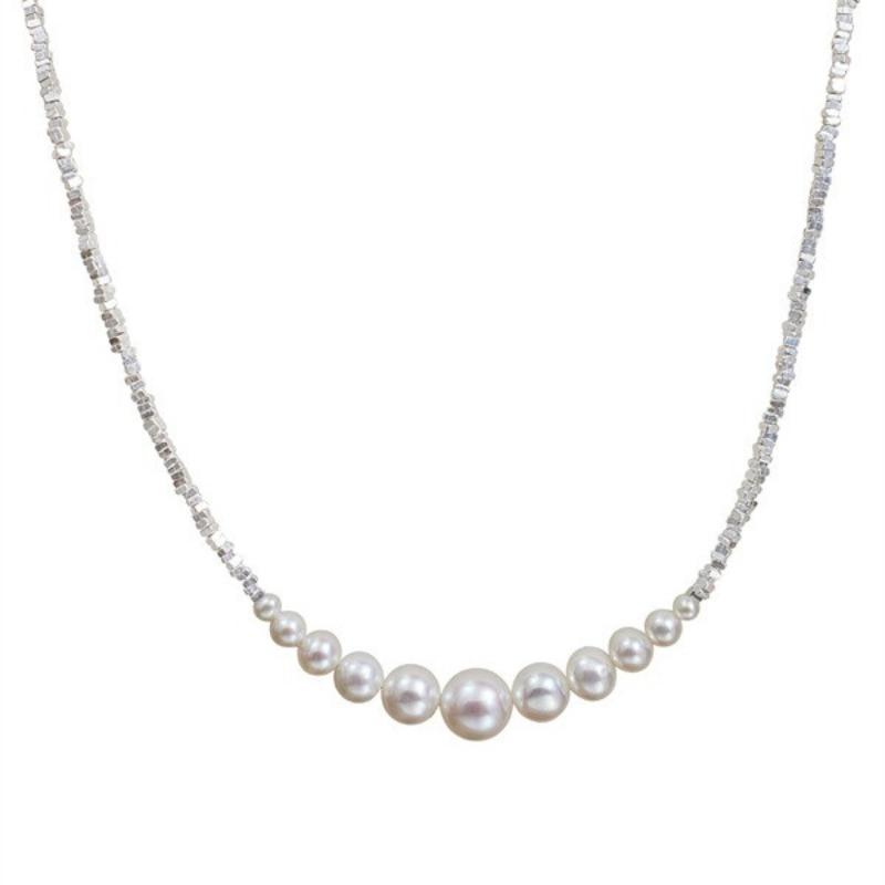 Silver Beads Necklace - A Girls' Luxury, Small-Scale, High-Quality, Elegant Glass Pearl Smiling Collar Chain