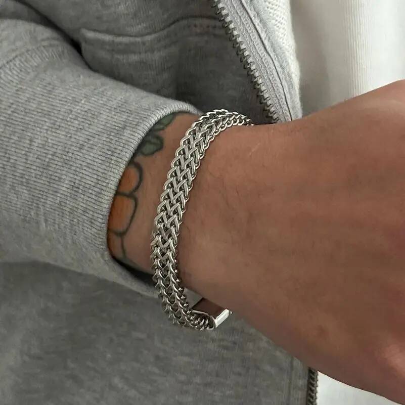 Salircon Hip Hop Punk Stainless Steel Braided Double Row Front Rear Fish Scale Titanium Steel Magnetic Buckle Bracelet Jewelry