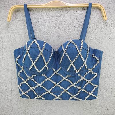 Versatile Shaping Top Women's Spring/summer Personalized Travel Crystal-embellished Denim Beaded Wrap-around Strapless Vest Camis & Tank Tops