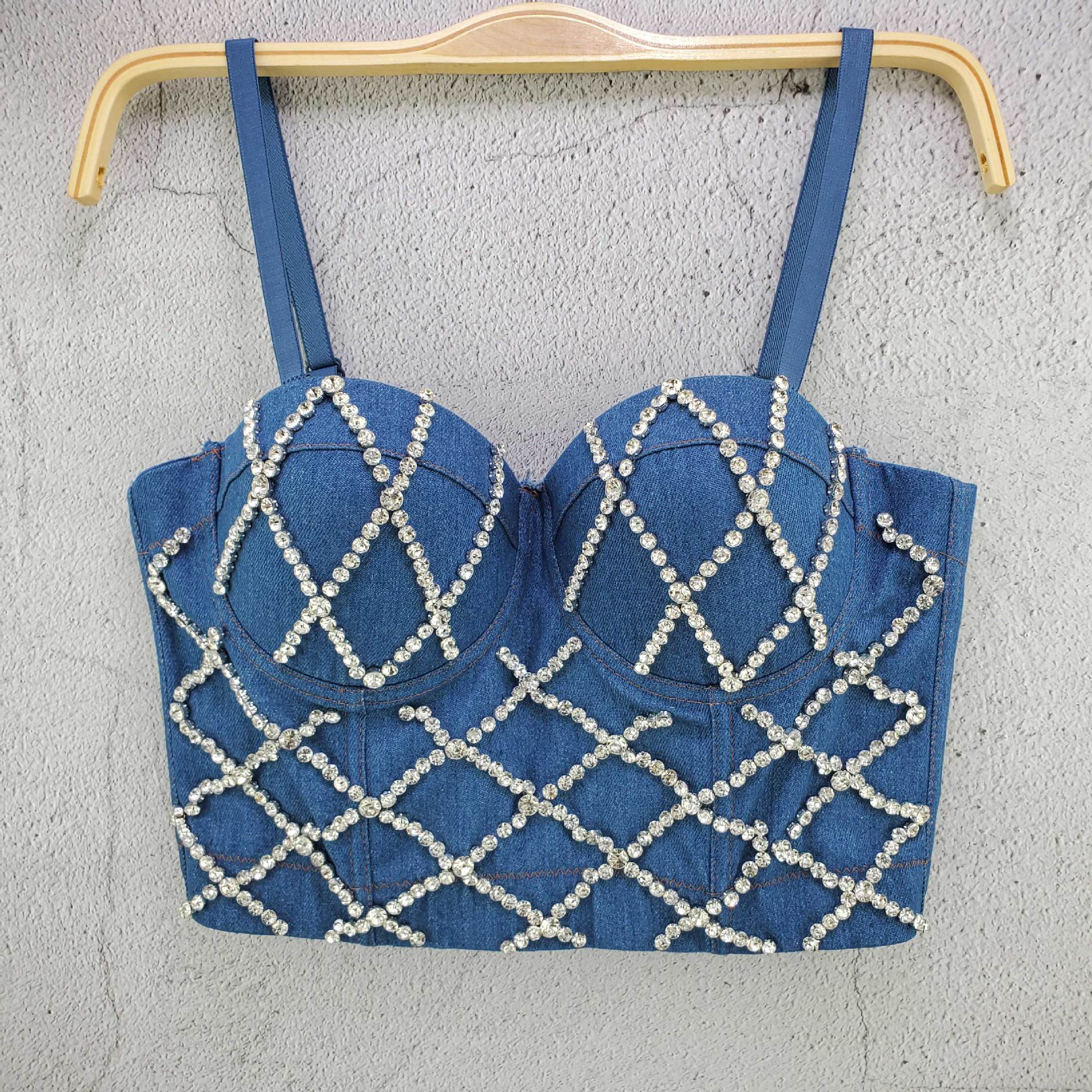 

Универсальный формирующий топ Женский Весна/лето Персонализированный Дорожный Деним с кристаллами и бисером Заворачивающийся Без бретелей Жилет Камзолы и майки 38/85 синий