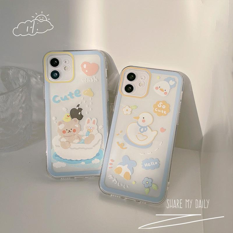 Retro Smile Wash Bath Bear Kawaii Japanese Phone 14 Case For Iphone13 11 12 Promax Xs Max Xr 7 8 Plus Case Cute Clear Cover 1086
