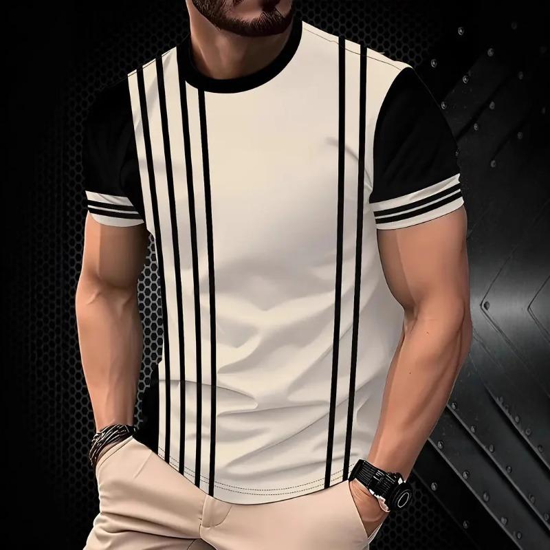 Men's Fashion 3D Stripe Printed T-shirt Micro Elastic Breathable Short Sleeve Outdoor Sports Speed Drying Large Size Top