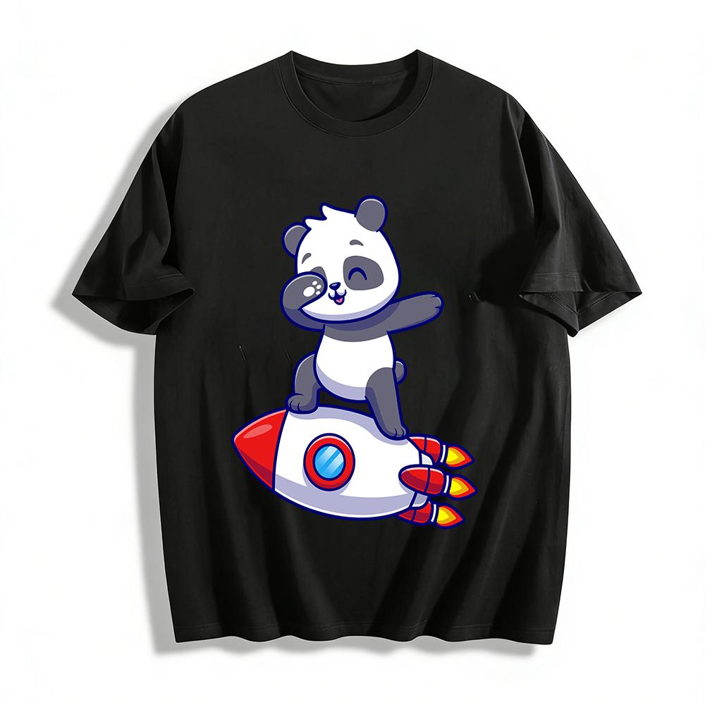 Cute Panda Riding Rocket Print Casual T-Shirt Pure cotton T-shirt XXS