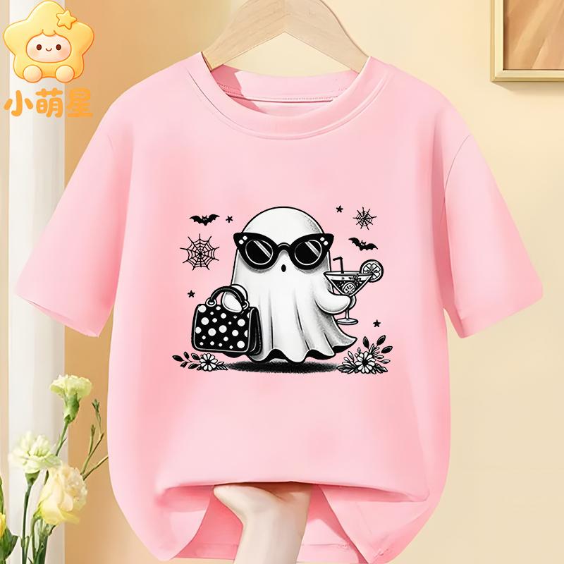 Cotton Kids Halloween T‑Shirt Adorable Ghost Riding Bike Flower Basket Bat Star Holiday Print Short Sleeve O‑Neck Children Tees