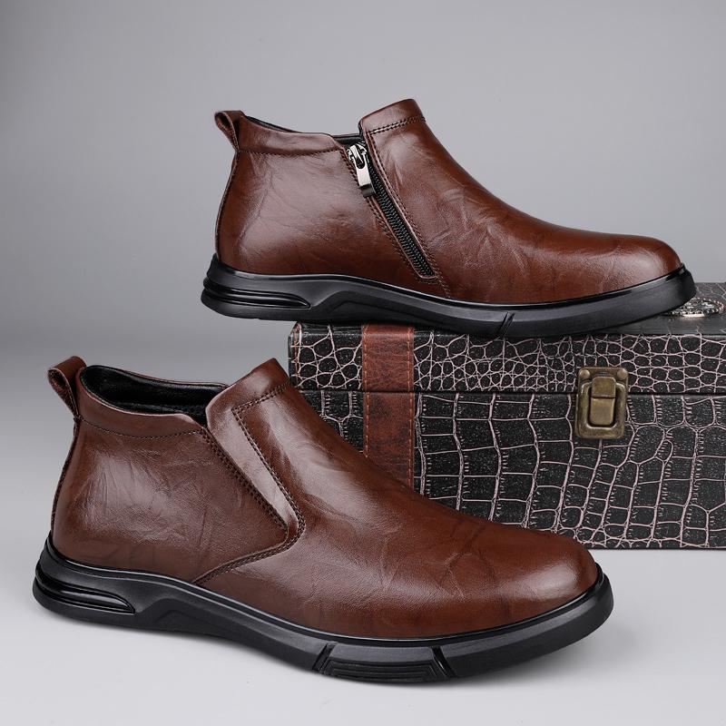 Classic Men Genuine Leather Ankle Boots Fashion Handmade Casual Walking Shoe Slip on Antiskid Driving Shoes Warm Plush Fur Boots