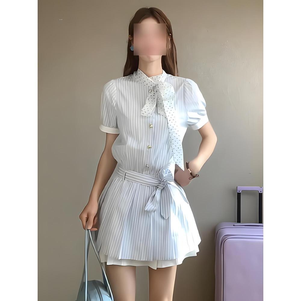 

Летнее новое женское нишевое платье с рукавами-буфами, воротником поло, приталенное, в маленьком студенческом стиле XL- (recommended 110-60kg)