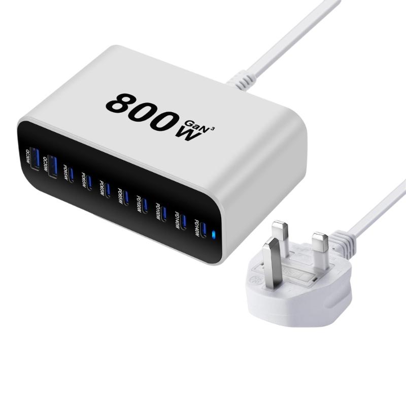 Intelligent Power Distribution 800W Charging Adapter 10 Port Design Metal Texture Suitable for Laptops and Phones
