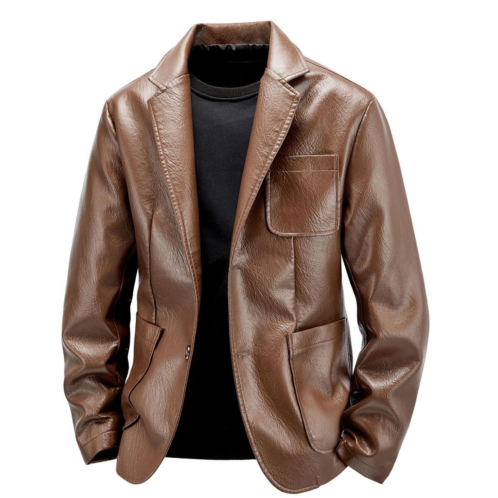 Leather jacket spring and autumn suit men's leather jacket slim-fitting thin casual small suit jacket trendy