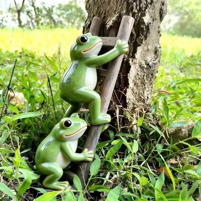 Figurine de grenouille mignonne Statuette drôle de 2 grenouilles grimpant une échelle Sculpture de jardin en résine imperméable pour cour Jardin Patio Pelouse Pot de fleurs Décor