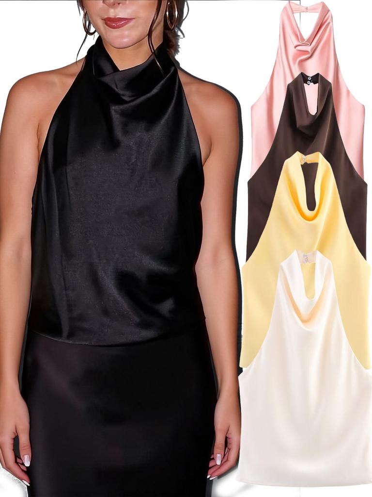 2025 Summer European & American Style Silk Satin Halter Neck Top