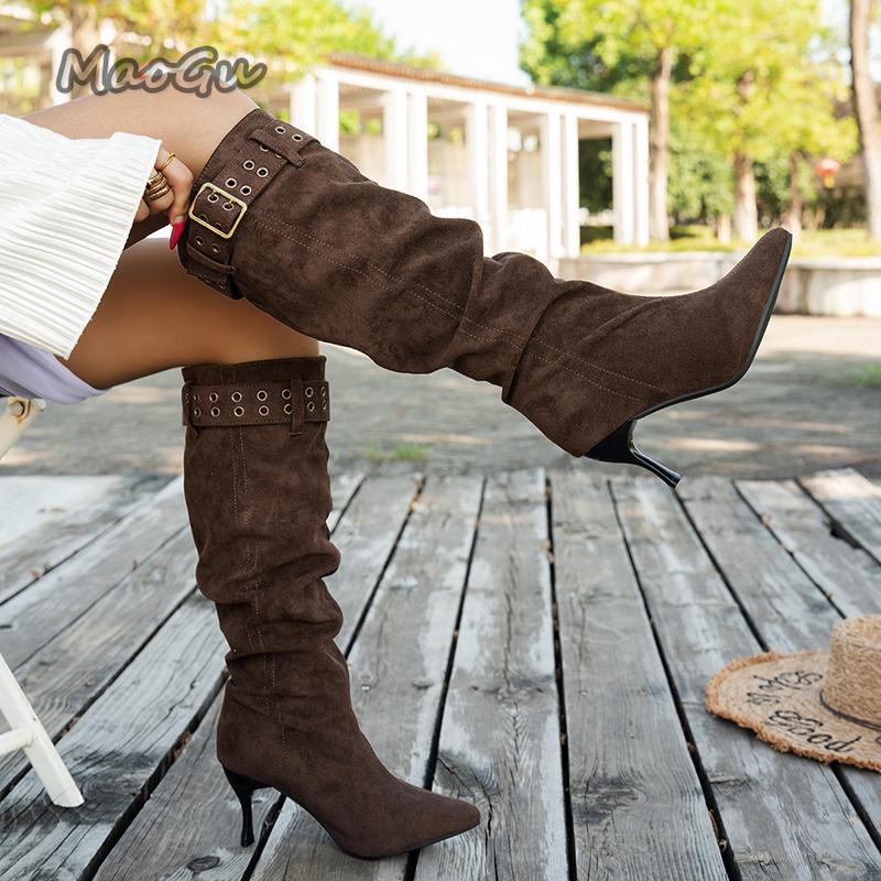 Fashion Buckle Strap High Heel Long Boots for Women Fashion Pointed Toe Stiletto Heeled Party Shoes Women Pleated Design Knee High Boots