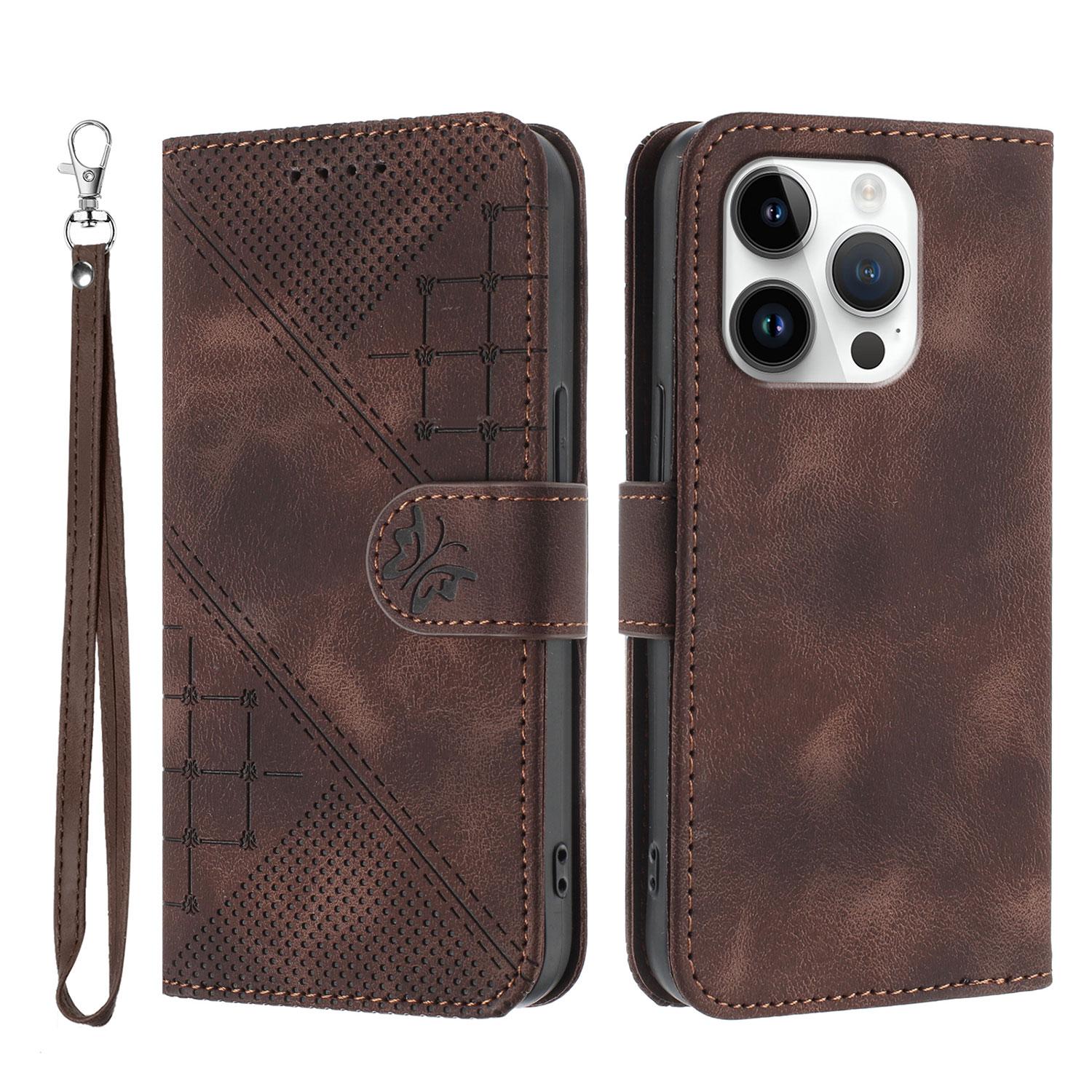 

For iPhone 16 Pro Max Leather Wallet Case Butterfly Flower Imprinted Phone Cover with Strap Coffee