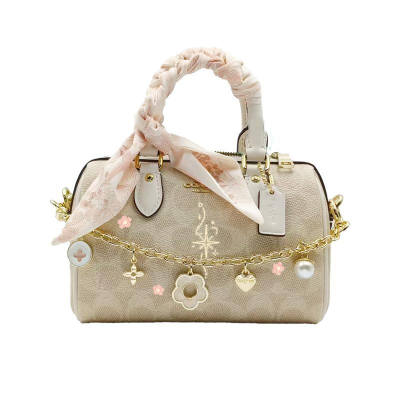 

COACH handbag [Customized bag] Rowan 18 classic printed zipper closure decorative chain hand-painted Boston bag artificial Pink Star No Gift Box білий