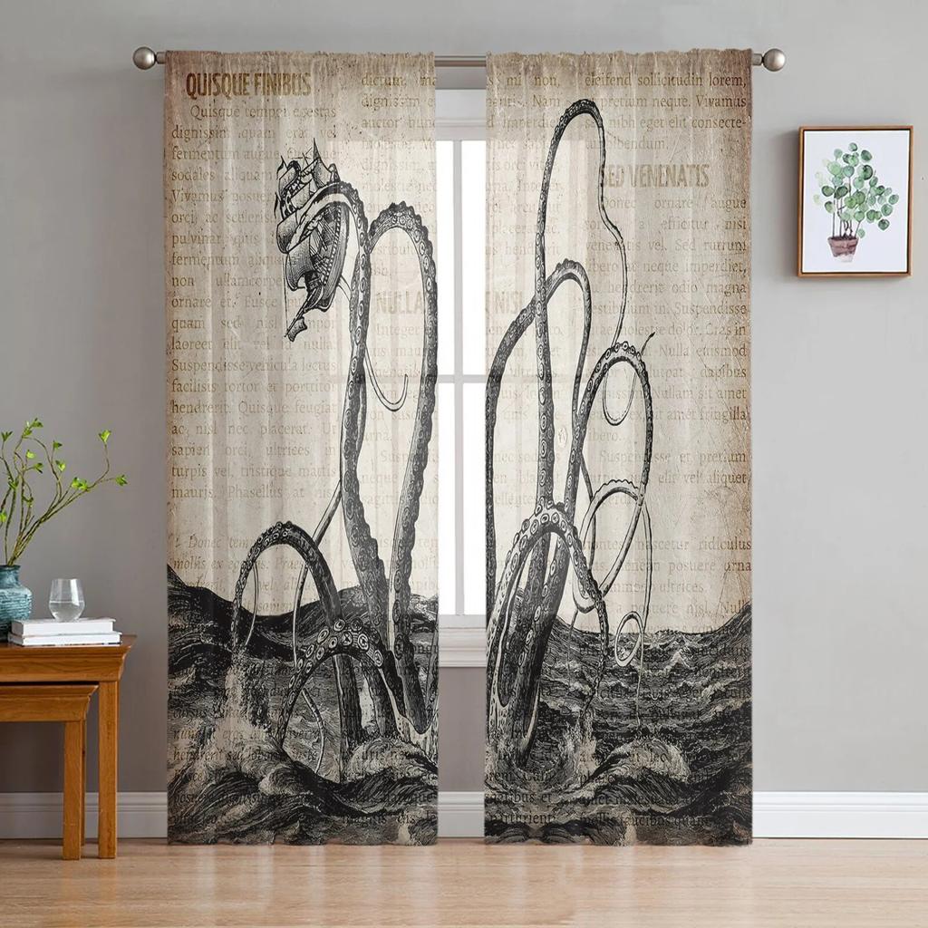 Nautical Octopus Retro Tulle Curtains For Living Room Sheer Curtain For Bedroom Kitchen Blinds Voile Curtains