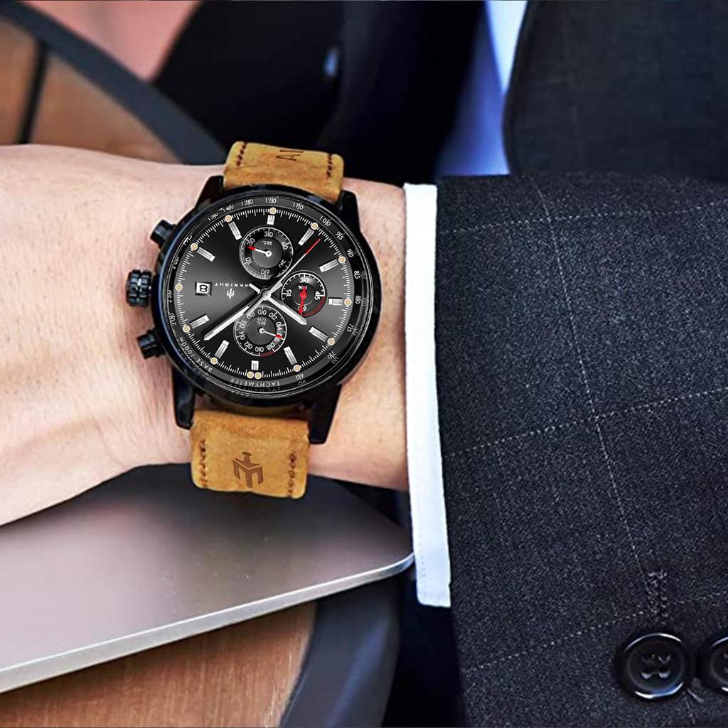 AKNIGHT Watch Genuine Leather Crystal Luminous Date Japanese Instruction Manual Men's - Stylish, Popular, Quartz, Strap, Chronograph, Display,
