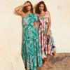 Women Spring Summer Strapless One-Shoulder Print Ankel-Length Dress V-neck High Waist