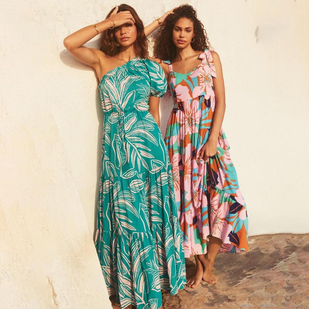 Women Spring Summer Strapless One-Shoulder Print Ankel-Length Dress V-neck High Waist