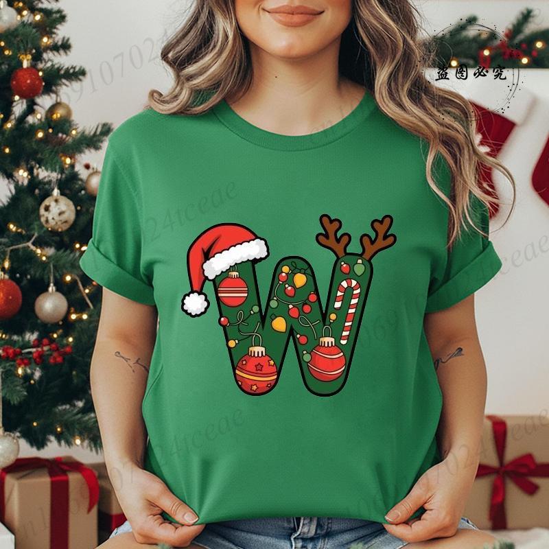 Fashion Printed T Shirt Festive Christmas Alphabet Letter with Santa Hat Unisex T Shirt Short Sleeves Crew Neck Female Clothes