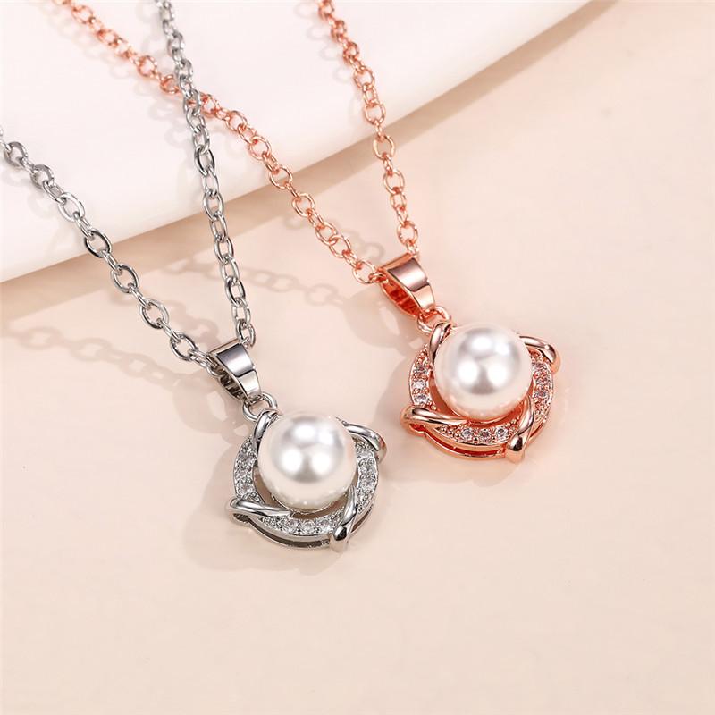 Rose Gold Plated Simulated Pearl & CZ Pendant Necklace, Delicate Cable Chain Necklace for Women