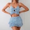 Floral Bow Ruffle Camisole Bikini Set with Wrap Skirt