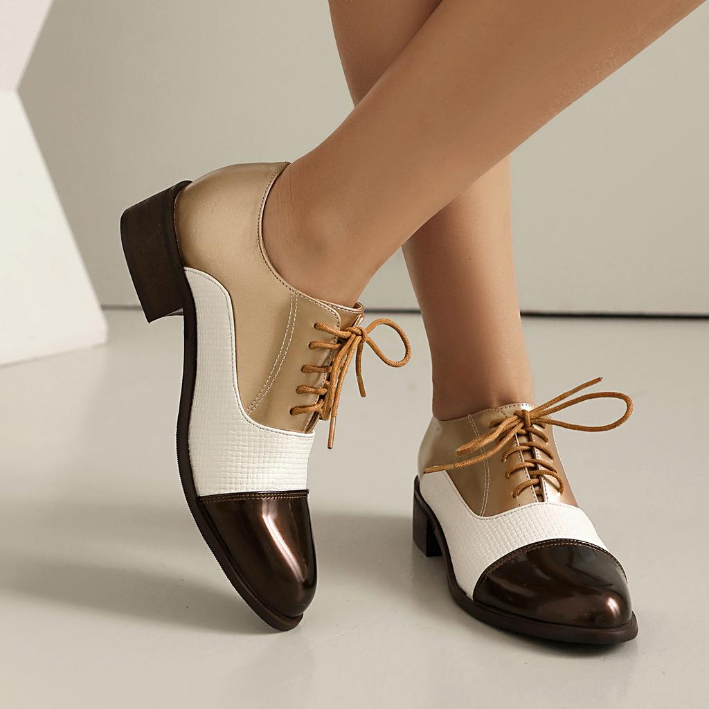 Woman Oxford Dress Shoes Comfy Multicolor Brogues Pumps Wing Tips Lace Up Patchwork Two Tone Color for All Events